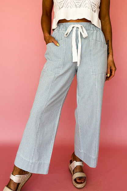 Sky Blue Stripe Mid Rise Drawstring Waist Jeans