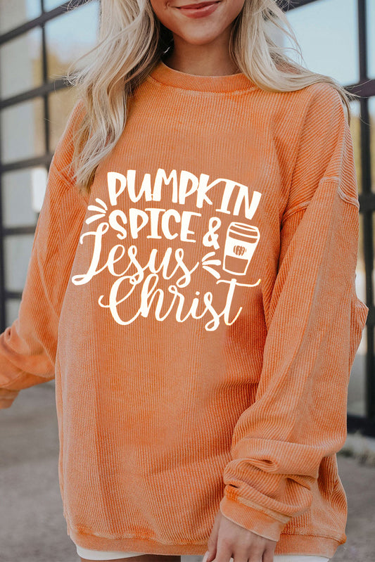 Pumpkin Spice & Jesus Christ Graphic Round Neck Long Sleeve Oversize Sweatshirt
