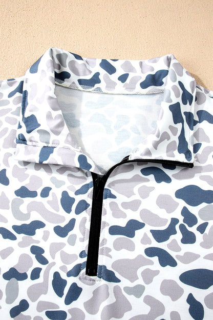 Multicolour Plus Camouflage Print Quarter Zip Kangaroo Pocket Pullover Sweatshirt