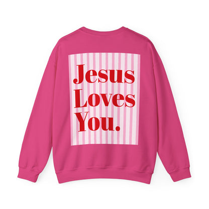 Faith Crewneck Sweatshirt — "Jesus Loves You" Pink & Red Bows - Front & Back