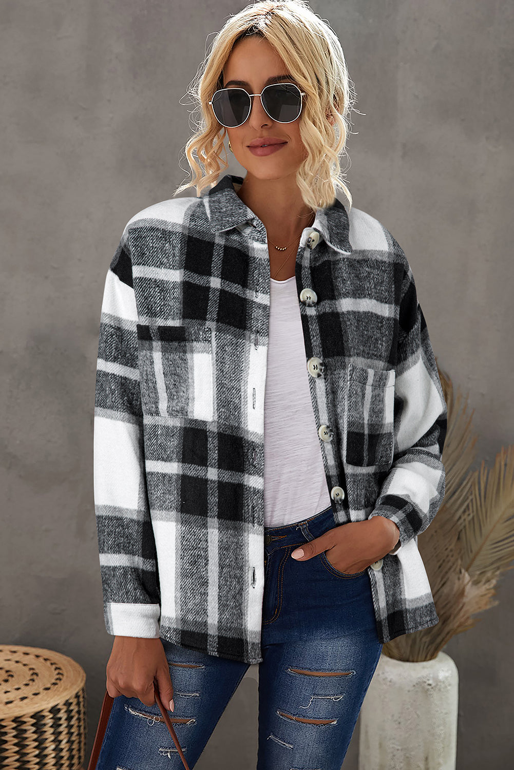 Pink Plaid Color Block Buttoned Long Sleeve Jacket with Pocket