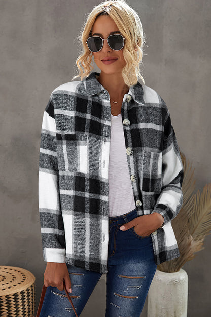 Pink Plaid Color Block Buttoned Long Sleeve Jacket with Pocket