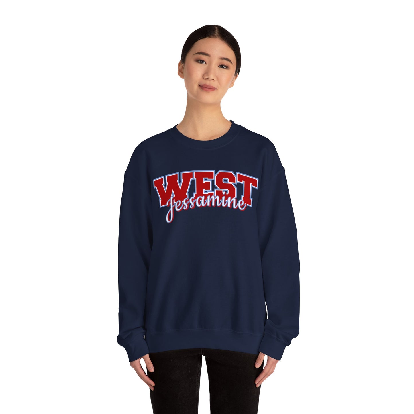 West Jessamine Cheer Crewneck Sweatshirt — Back ‘West Jessamine Cheer’ with Horse Logo - Unisex
