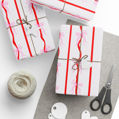Pink Bows & Red Stripes Wrapping Paper — Coquette Gift Wrap