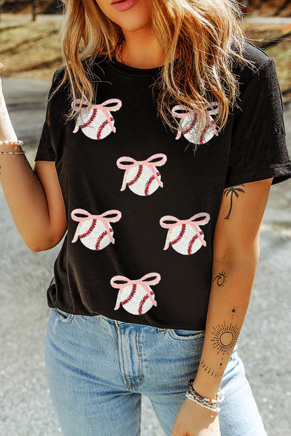 Black Shimmering Bow Ball Patterned Sequins Patch Game Day Casual Tee