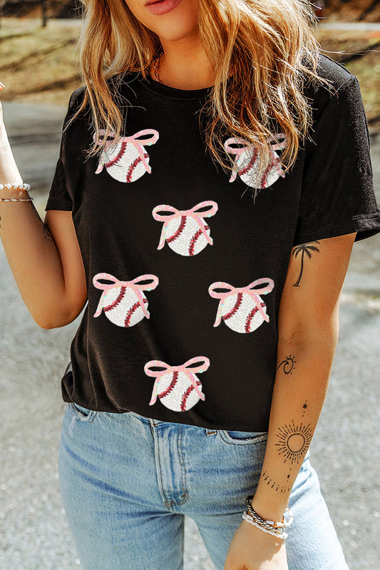 Black Shimmering Bow Ball Patterned Sequins Patch Game Day Casual Tee