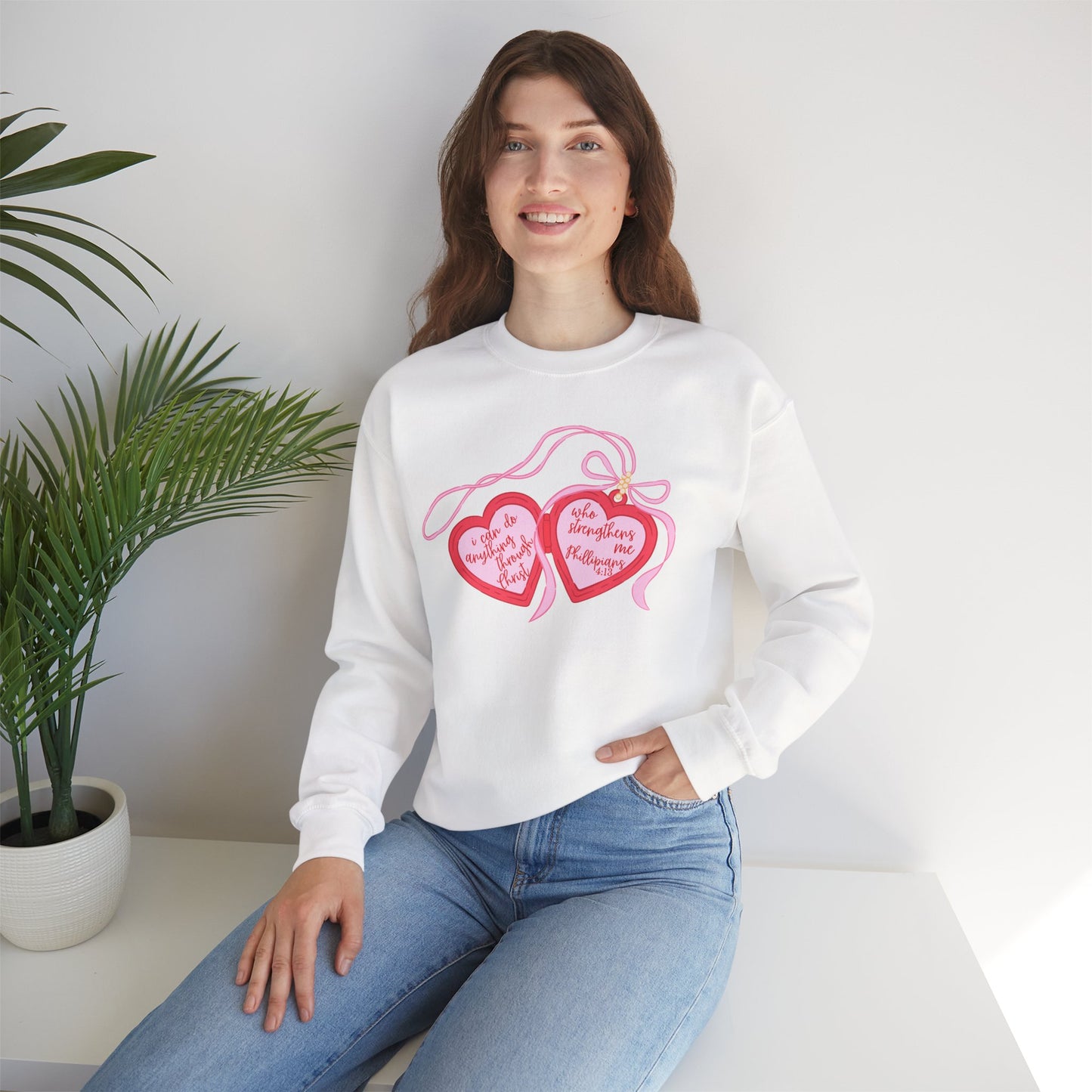 Faith Crewneck Sweatshirt — "I Can Do All Things Through Christ" Pink Heart Locket