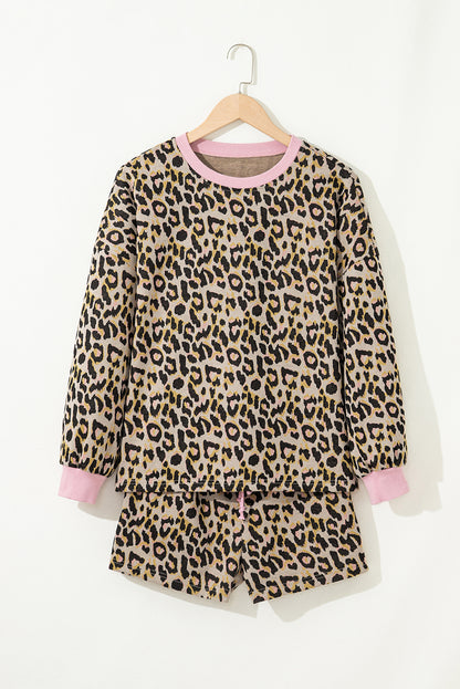 Pink Leopard Print Contrast Edge Long Sleeve Pullover Shorts Set