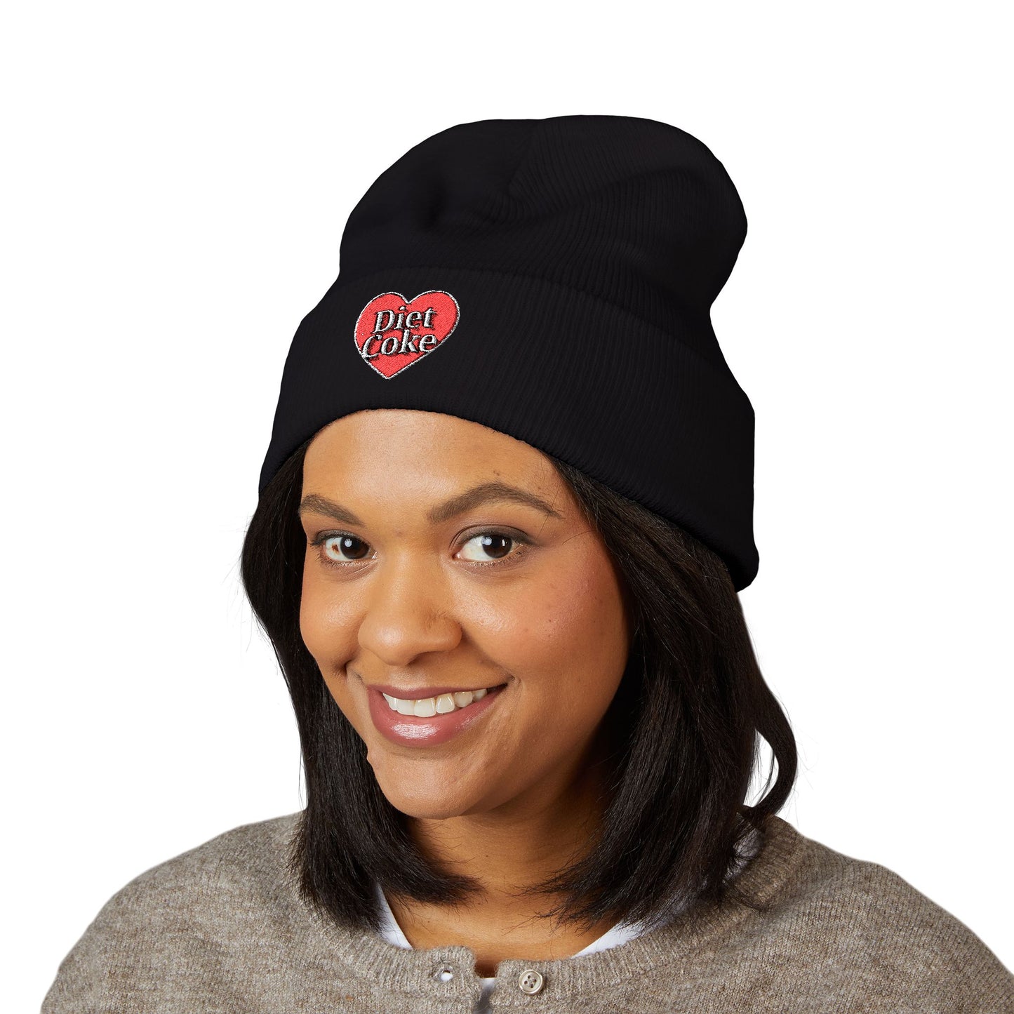"Diet Coke" Heart Embroidered Cuffed Beanie — Classic Script Winter Hat