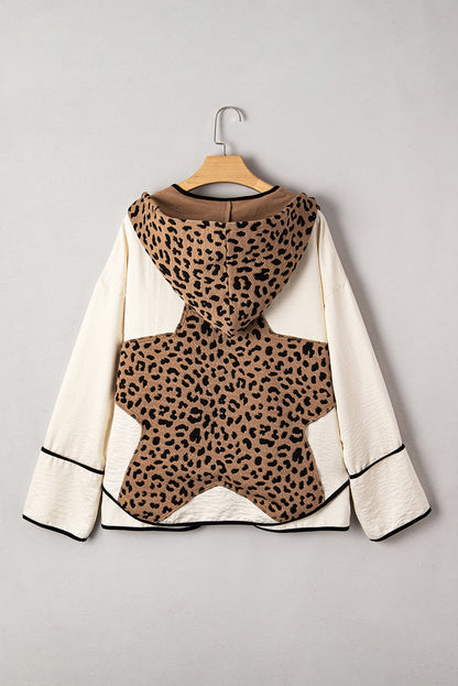 Brown Leopard Star Hooded Patchwork Contrast Piping Open Front Jacket