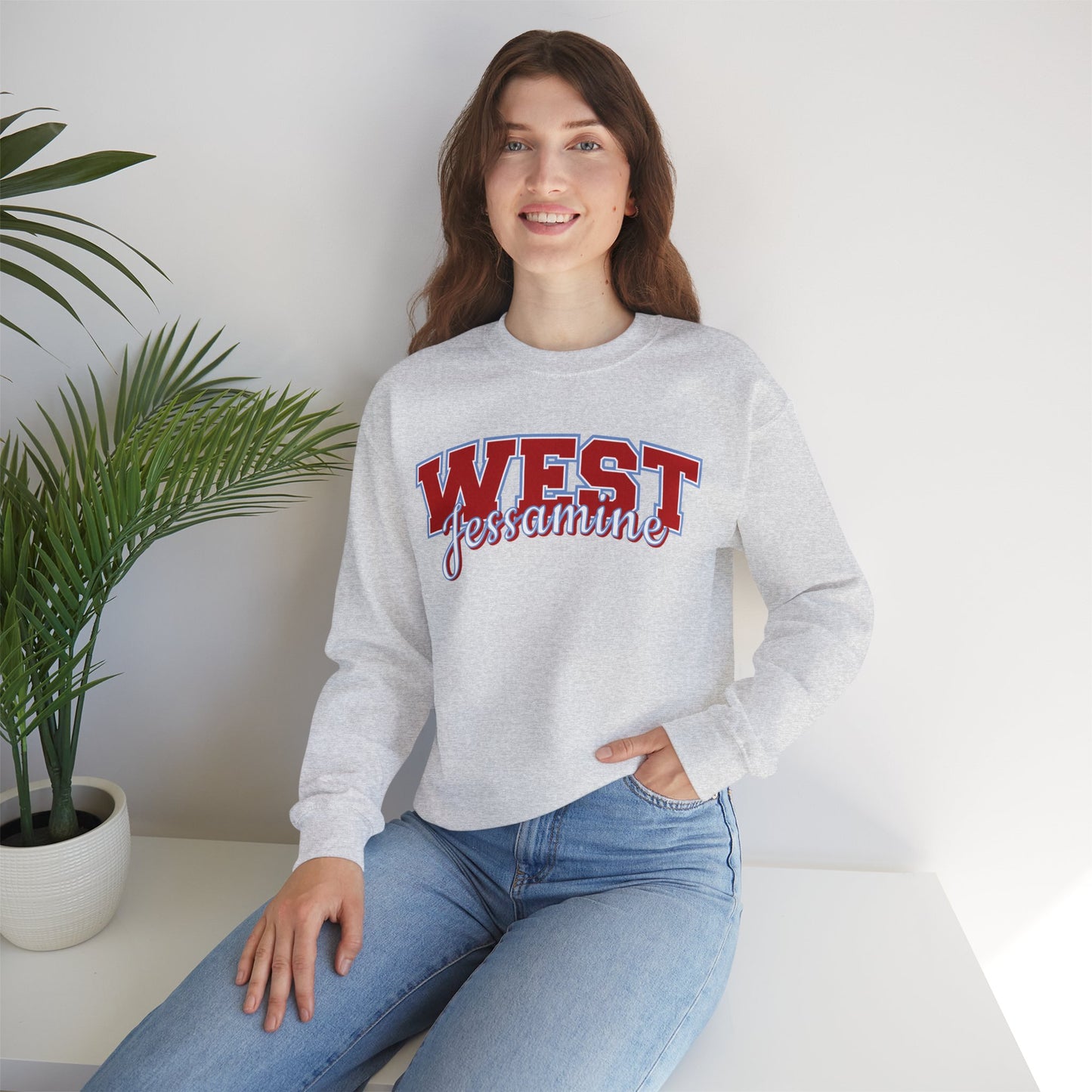 West Jessamine Cheer Crewneck Sweatshirt — Back ‘West Jessamine Cheer’ with Horse Logo - Unisex