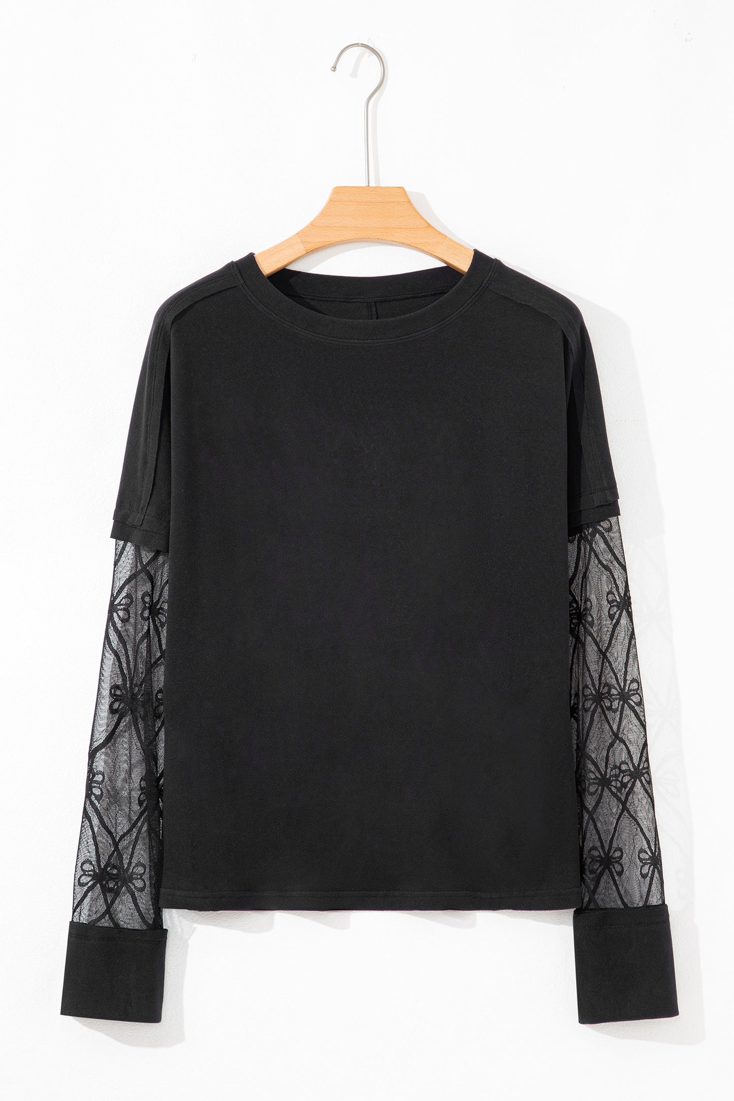 Light Pink Solid Color Bow Textured Patchwork Long Sleeve Tee