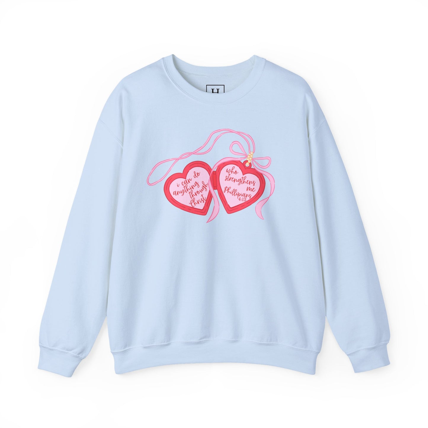 Faith Crewneck Sweatshirt — "I Can Do All Things Through Christ" Pink Heart Locket