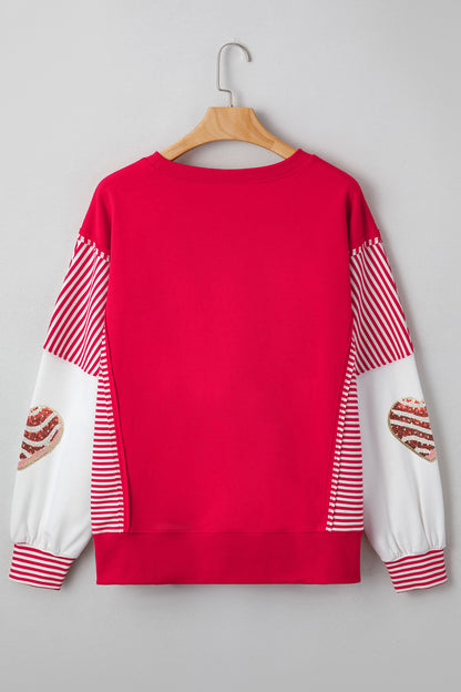 Fiery Red Color Block Striped Patchwork Valentines Day Sequin Heart Graphic Sweatshirt