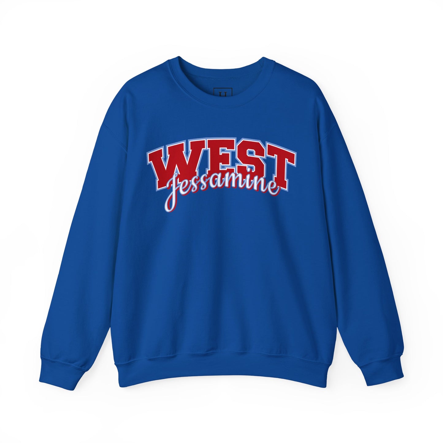 West Jessamine Cheer Crewneck Sweatshirt — Back ‘West Jessamine Cheer’ with Horse Logo - Unisex