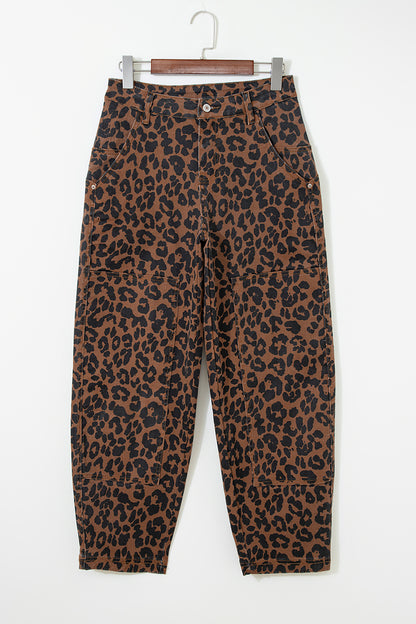 Brown Clear Seam Detail Patchwork Leopard Print Jeans