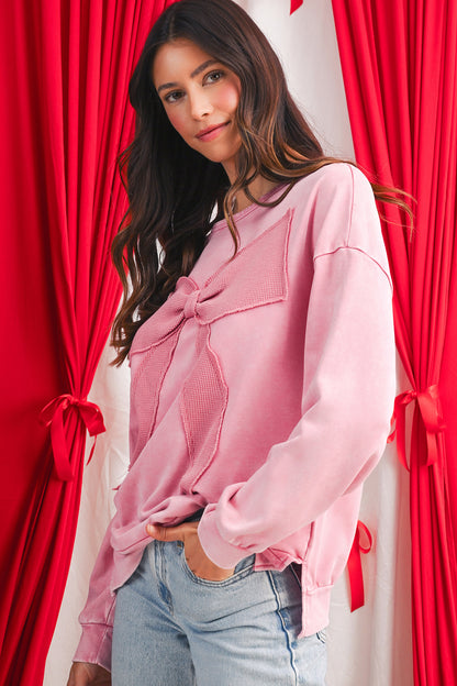 Bright Pink Mineral Wash Waffle Bow Patched Pullover Sweatshirt