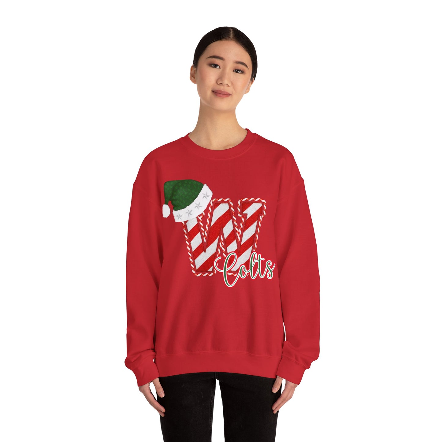 Candy Cane "W" with Green Santa Hat; Colts - Christmas Sweatshirt - Unisex