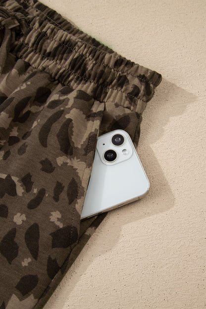 Brown Leopard Print Raw Seam Patchwork Pullover Drawstring Loose Pant Set