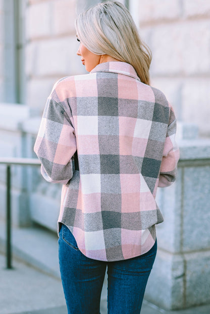 Pink Plaid Color Block Buttoned Long Sleeve Jacket with Pocket