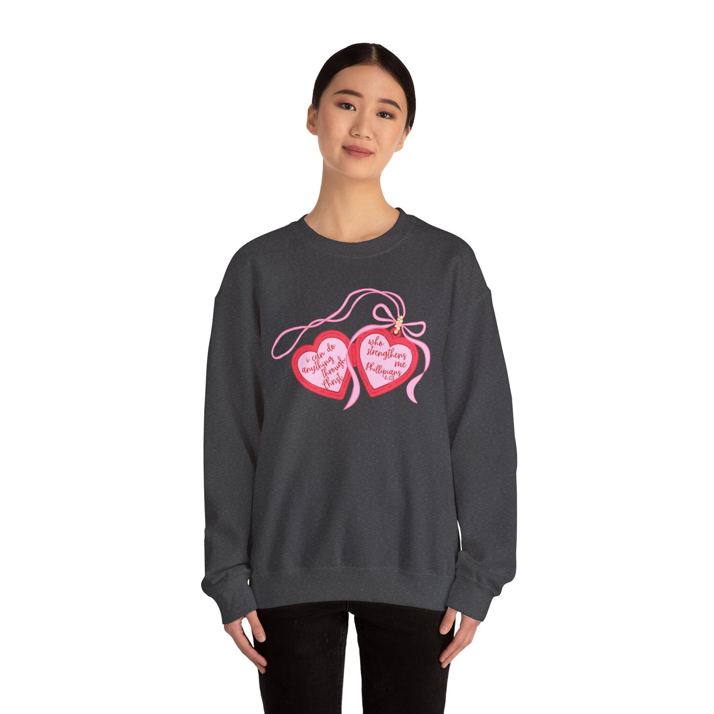 Faith Crewneck Sweatshirt — "I Can Do All Things Through Christ" Pink Heart Locket