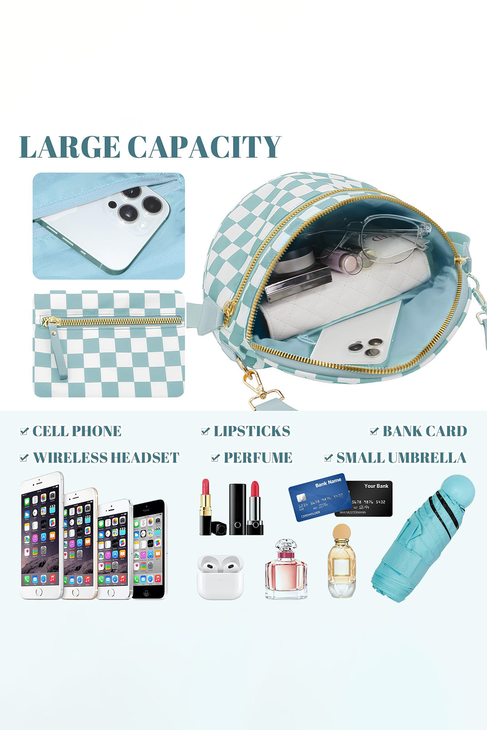 Mist Blue Checkered Print Wide Strap Large Crossbody Bag