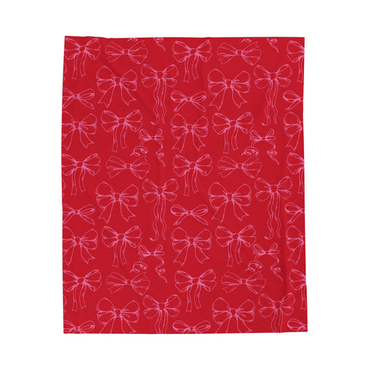 Red Velvet Bow Plush Blanket — Soft Holiday Velveteen Throw