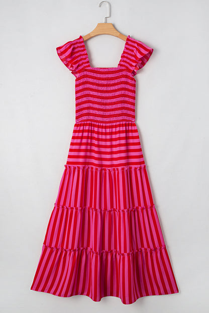 Rose Stripe Ruffle Strap Shirred Bodice Tiered Maxi Dress