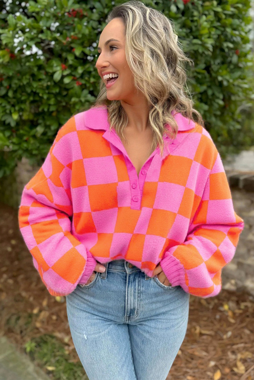 Sachet Pink Checkered Knit Polo Collar Baggy Sweater