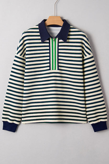 Dark Green Striped Print Contrast Collar Zip V Neck Long Sleeve Top