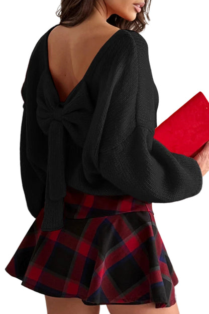 Fiery Red Festive Bow Backless Bubble Sleeve Sweater