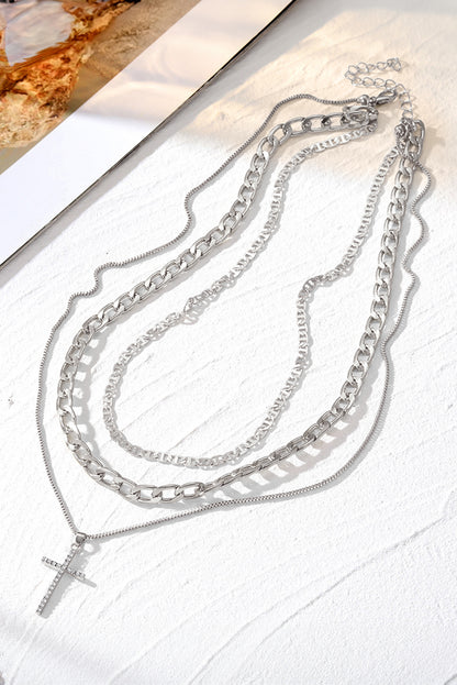 Silvery Rhinestone Cross Pendant Multi Layer Stacked Chain Necklace