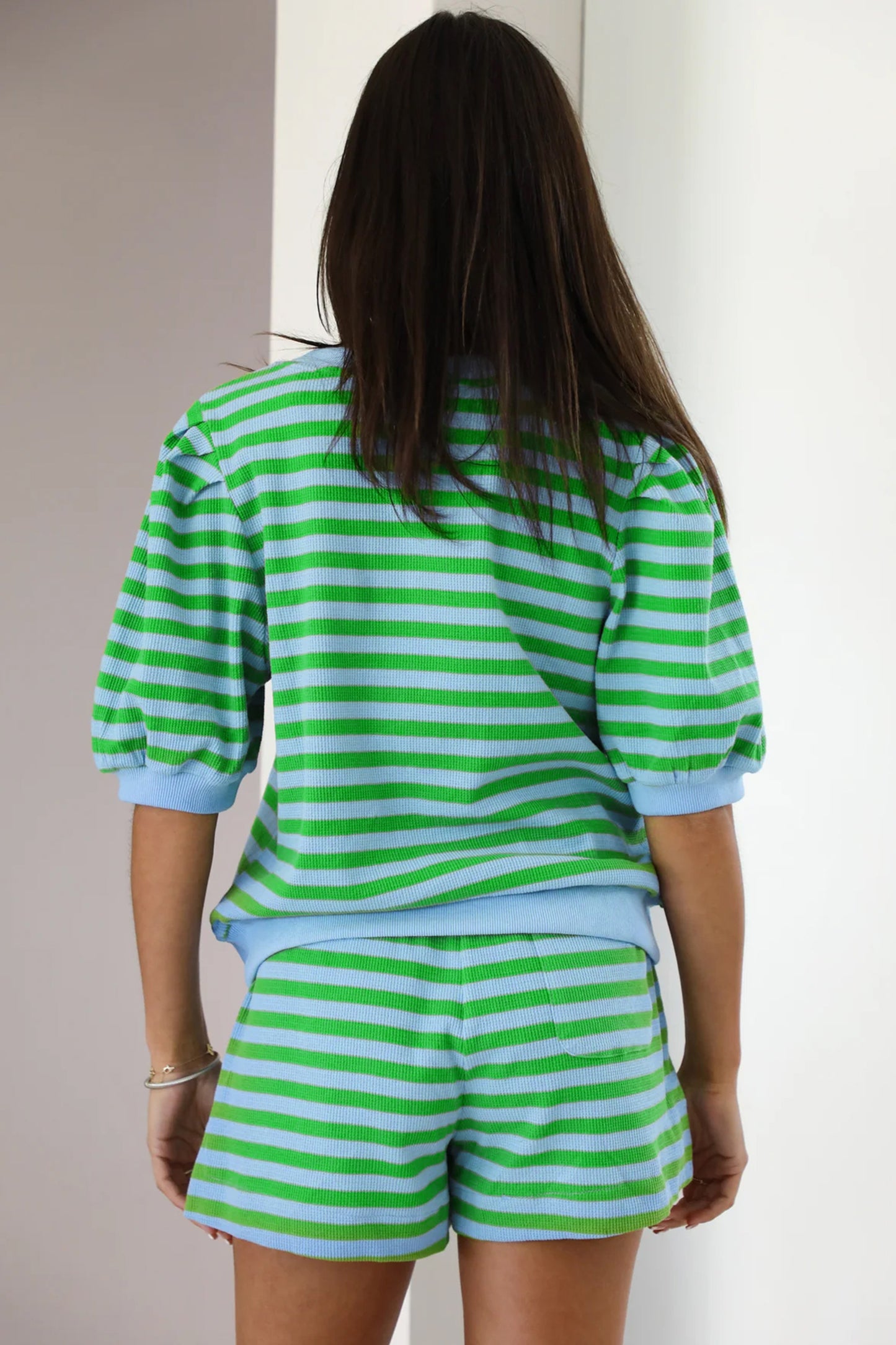 Green Stripe Puff Short Sleeve T Shirt Matching Shorts Set