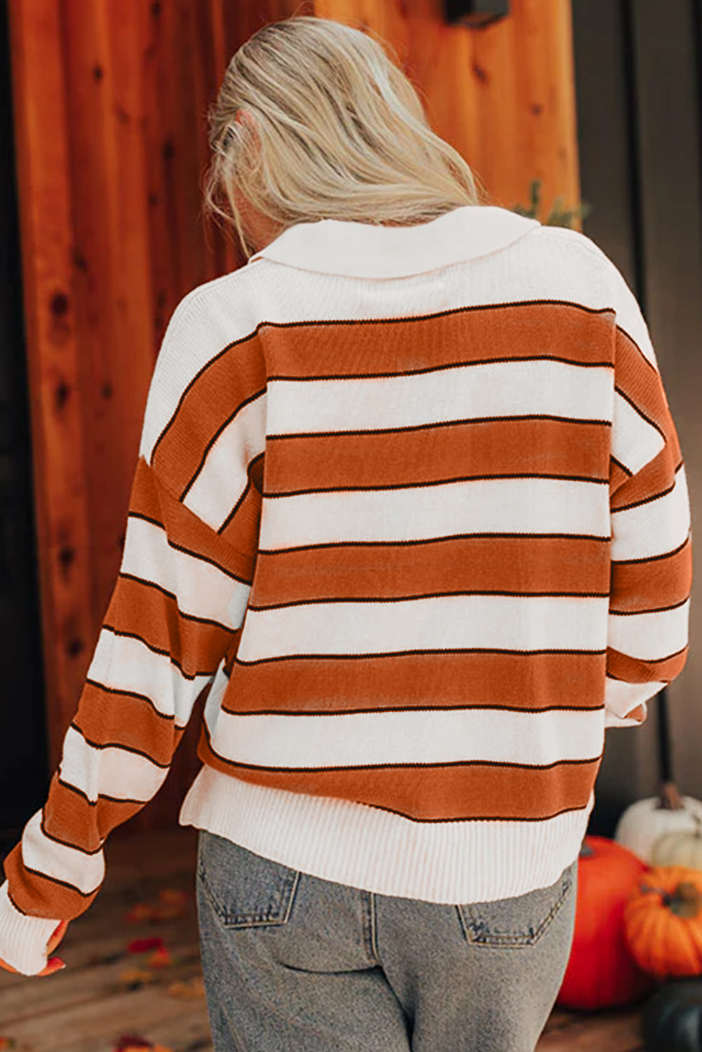 Brown Stripe Ribbed Polo Collar Drop Shoulder Sweater