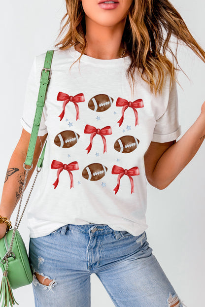 White Football and Bow Heat Transfer Printing Graphic Crewneck Tee
