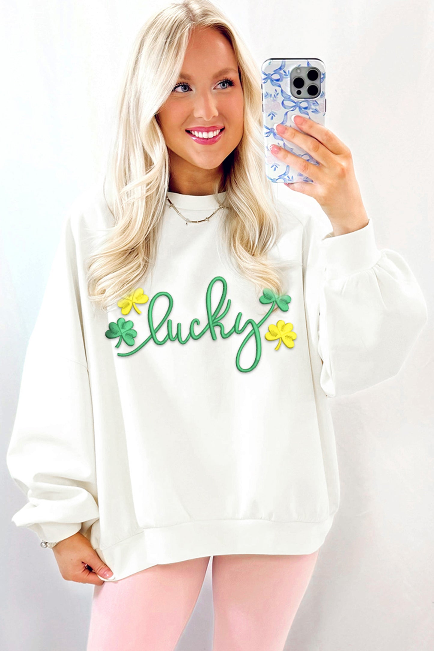 White lucky Clover 3D Puff Embroidered Pullover Sweatshirt