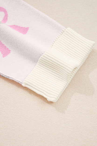 Pink Bow Print Exposed Seam Drop Sleeve Sweater