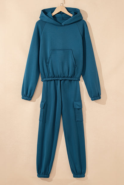 Peacock Blue Cozy Hooded Sweatshirt Drawstring Elastic Waistband Cargo Pant Set