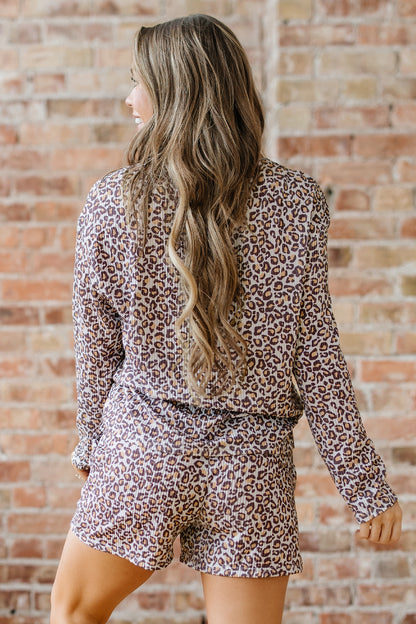 Khaki Leopard Ribbed Long Sleeve Top Drawstring Shorts 2pcs Outfit