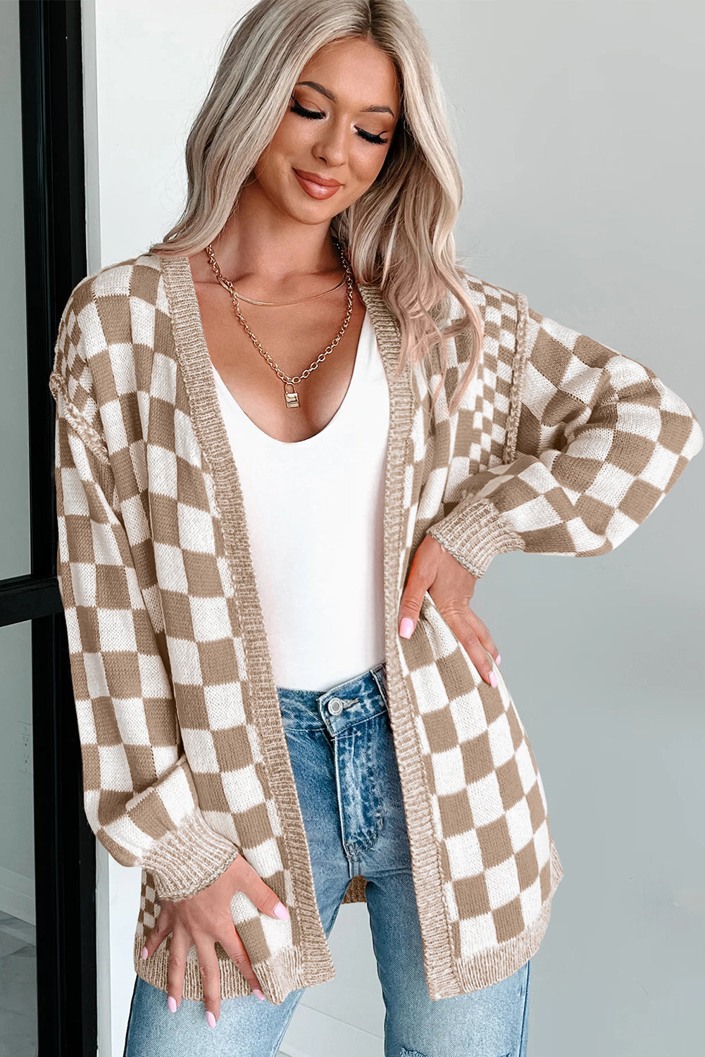 Brown Checkered Open Front Drop Shoulder Cardigan
