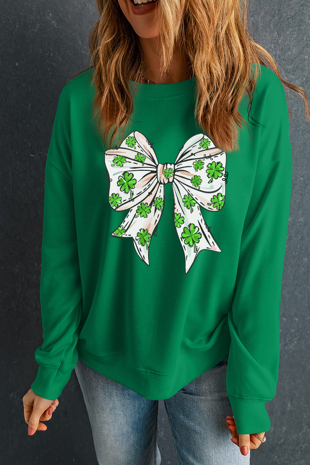 Dark Green St Patricks Clover Bow Printed Drop Shoulder Sweatshirt