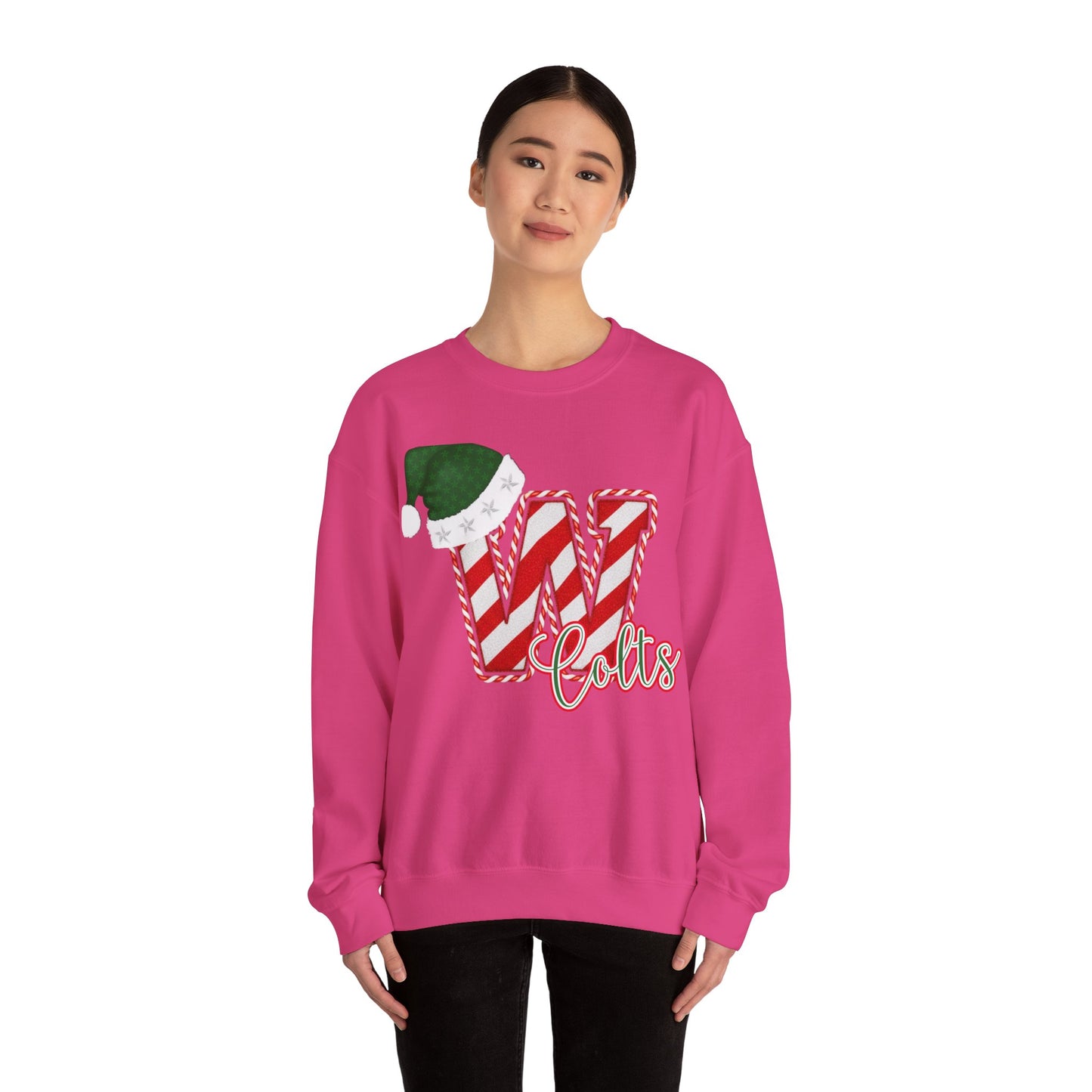 Candy Cane "W" with Green Santa Hat; Colts - Christmas Sweatshirt - Unisex