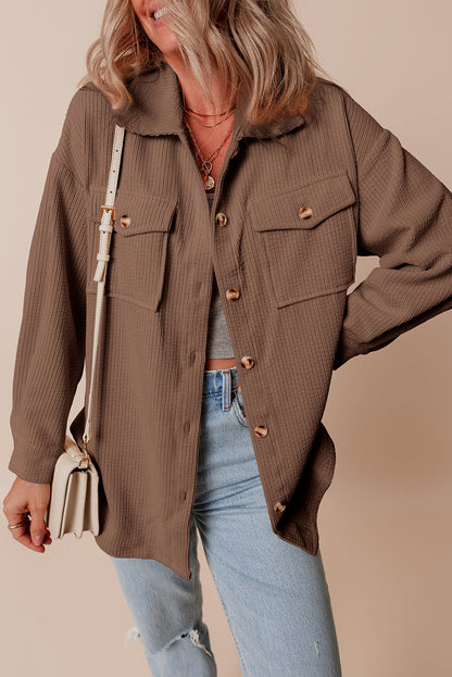 Oatmeal Corduroy Flap Pocket Button Up Shacket