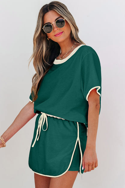 Bonbon Colorblock Edge Drop Shoulder T Shirt and Skort 2Pcs Set