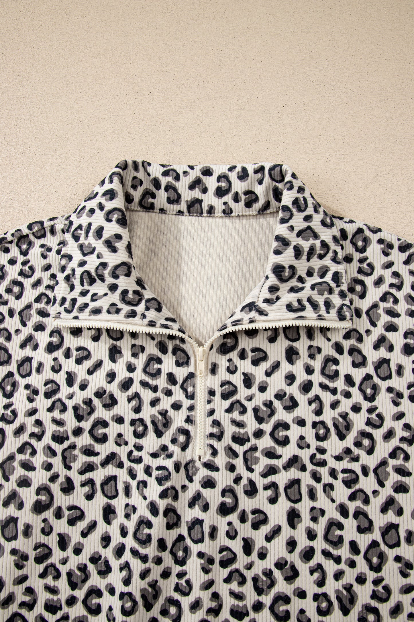 Beige Leopard Print Quarter Zip Corduroy Sweatshirt