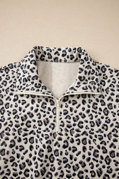 Beige Leopard Print Quarter Zip Corduroy Sweatshirt