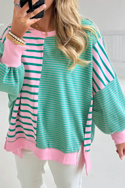 Green Stripe Mix Pattern Color Block Patchwork Side Slit Baggy Sweatshirt