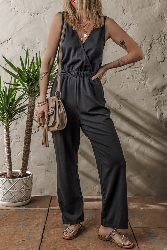 Black Wrap V Neck Sleeveless High Waist Jumpsuit