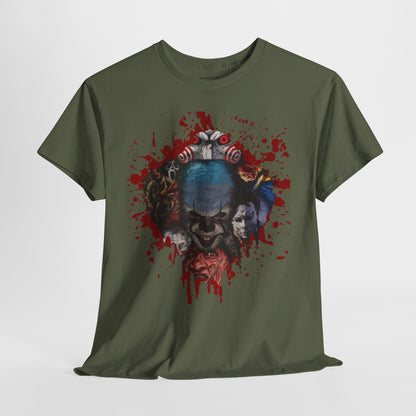 Halloween; Classic Horror Characters with Pennywise and Blood Splatter -- Unisex