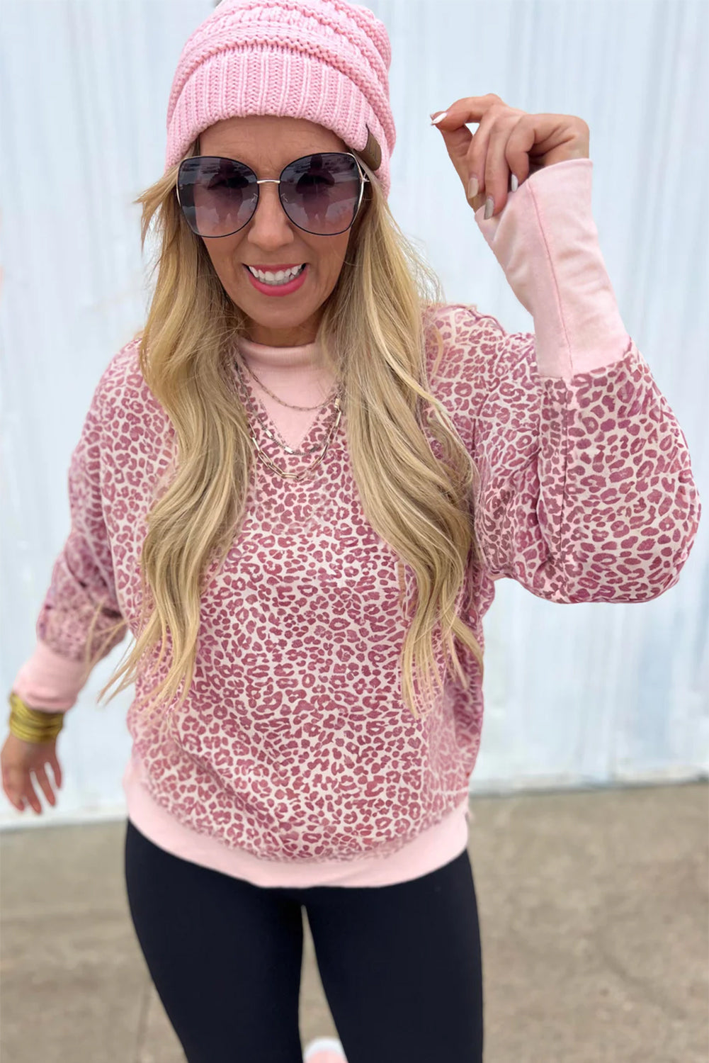 Khaki Leopard Print Patchwork Crew Neck Sweatshirt